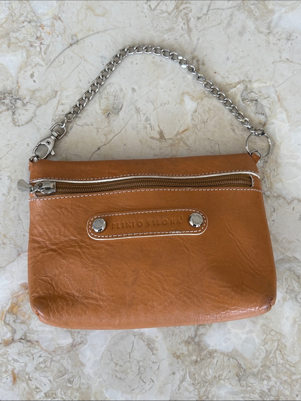 Plinio Visona Italian Leather Wristlet Clutch Cognac Tan Chain Strap